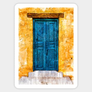 Vintage Old Blue Wooden Door And Yellow Wall Sticker